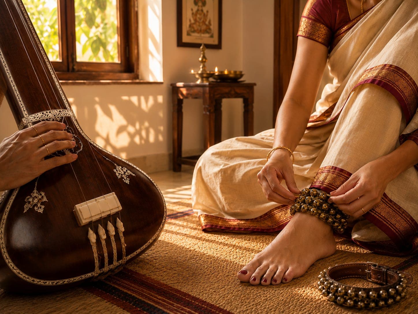Classical dance performance with ghungroos in the foreground